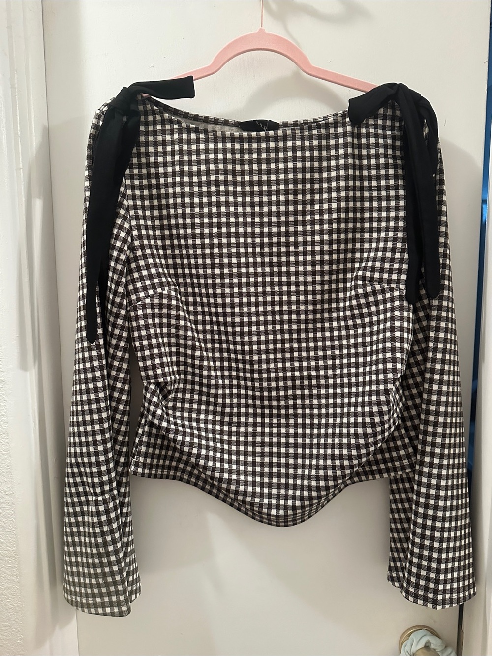 Cider Black & White Gingham Boatneck Long-Sleeve Top